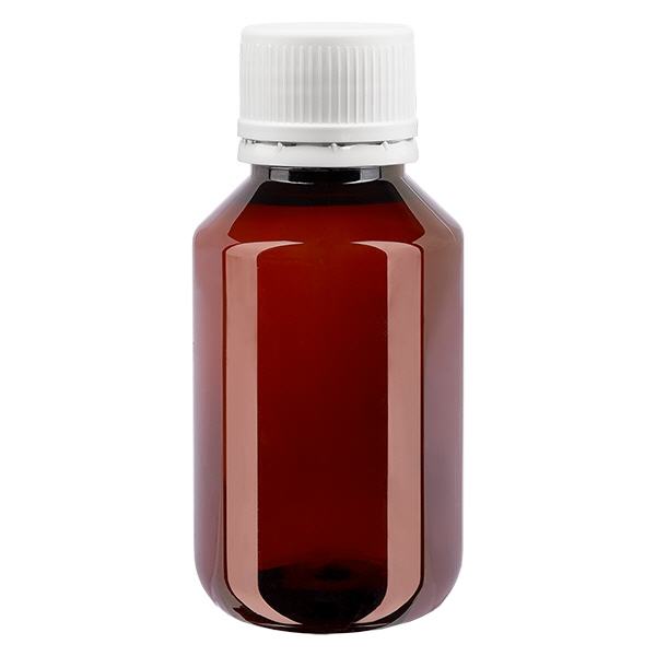 Botella PET 100ml con tapón inviolable blanco, estriado fino Botella PET 100ml con tapón inviolable blanco, estriado fino