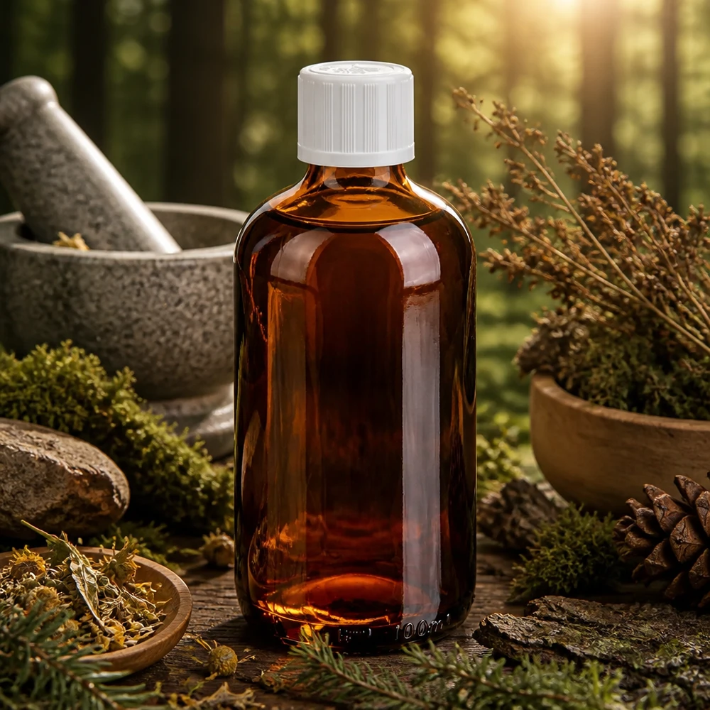 Frasco cuentagotas de farmacia de 100 ml, de vidrio ámbar con tapón blanco KiSi, en un entorno forestal natural.