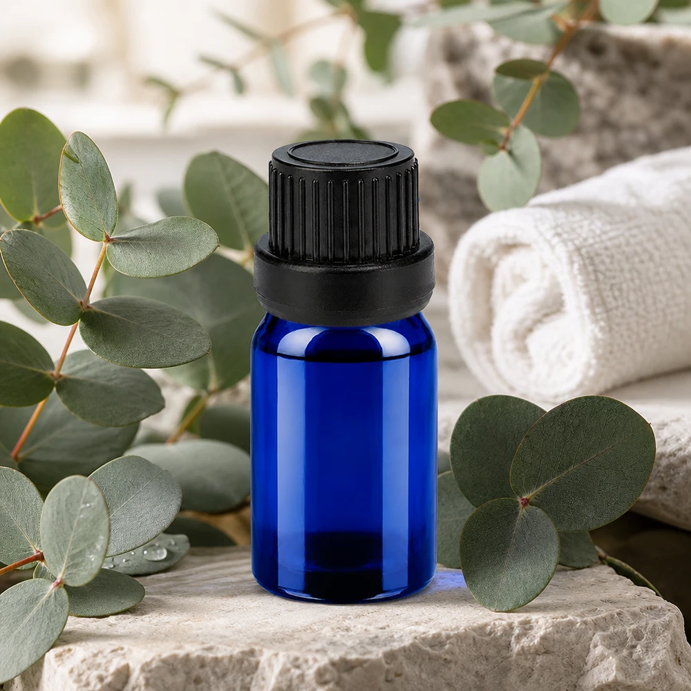 Frasco cuentagotas compacto de 5 ml en elegante azul con tapón negro para facilitar su manejo