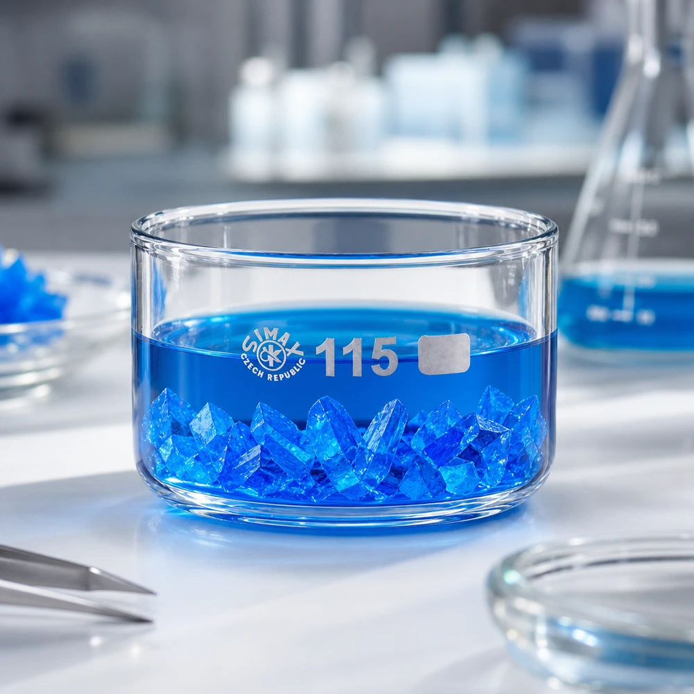 Cuenco cilíndrico plano de cristal de 500 ml con cristales azules de sulfato de cobre en un entorno de laboratorio