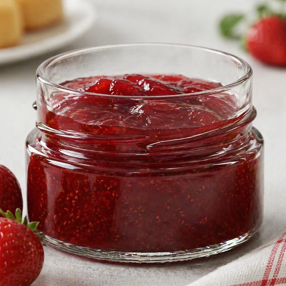 Tarro redondo de 80ml sin tapa (TO58deep) UNiTWIST UNiTWIST Runda80 tarro redondo 80ml relleno de mermelada de fresa roja, tapa TO58deep, tarro de mermelada de cristal