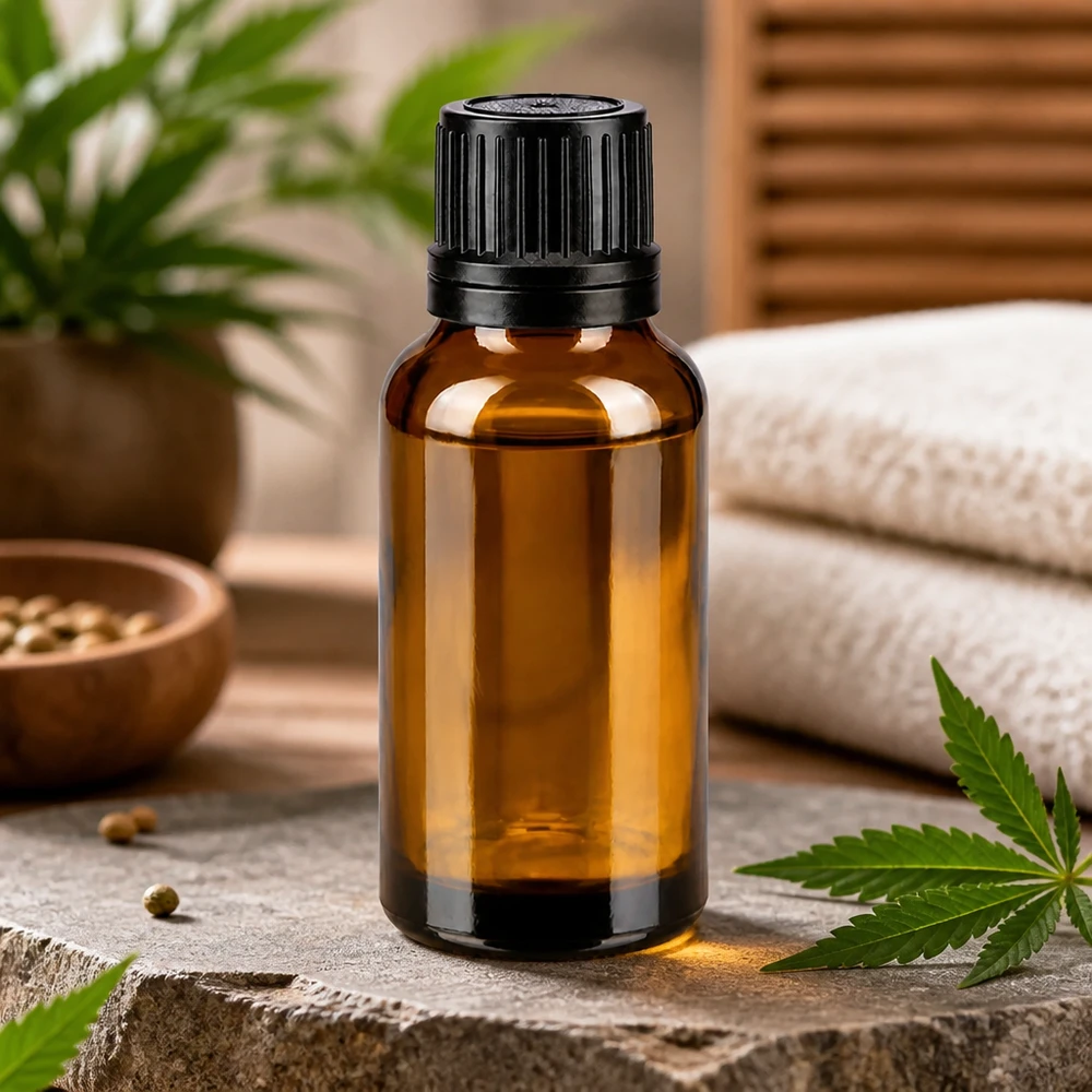 Botella de farmacia marrón 20ml tapón cuentagotas anillo vertedor 1mm tapón inviolable negro Frasco cuentagotas de vidrio ámbar de 20 ml con tapón de rosca negro, junto a hojas de cannabis y semillas de cáñamo