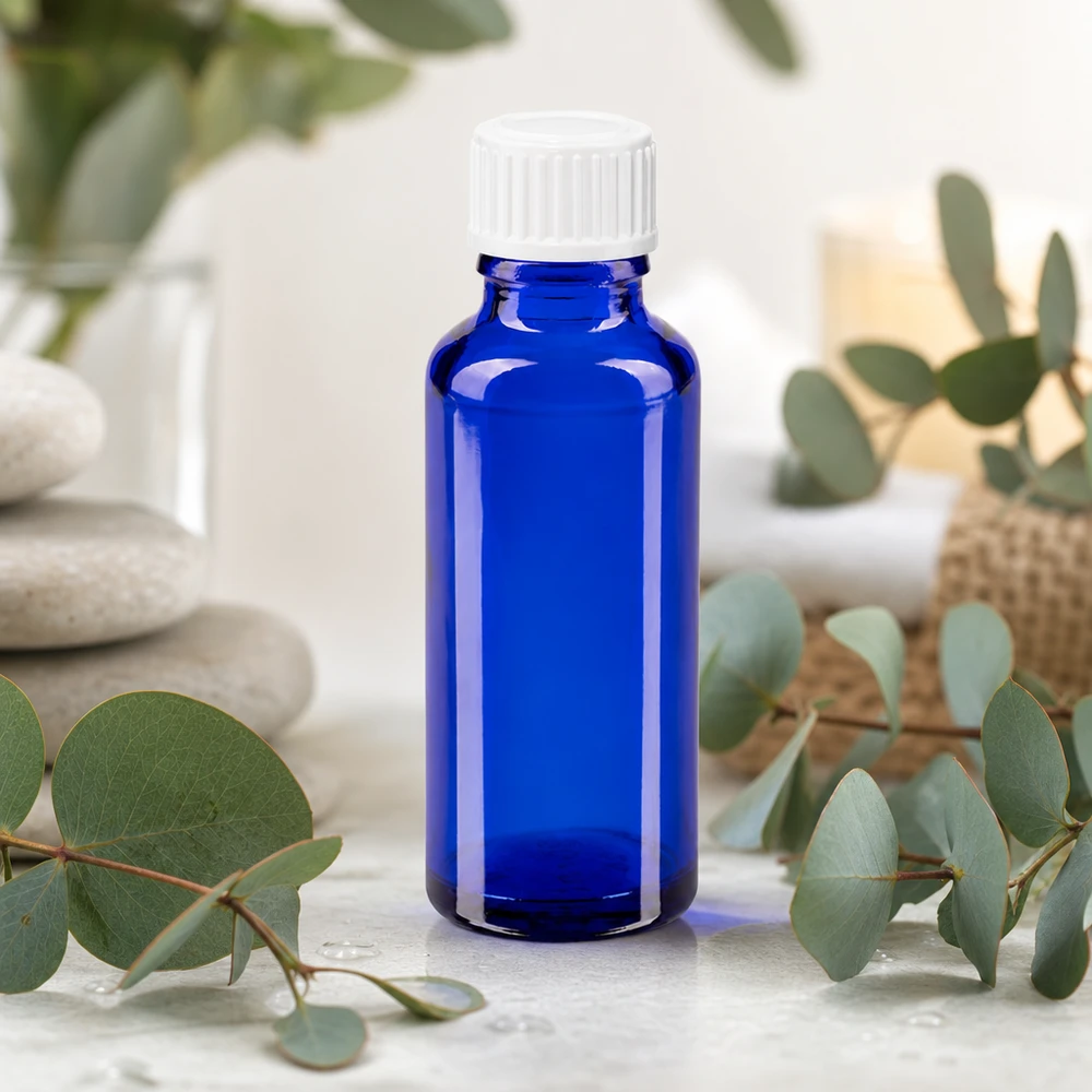 Botella de cristal azul de 30 ml con tapón blanco entre ramas frescas de eucalipto sobre mármol