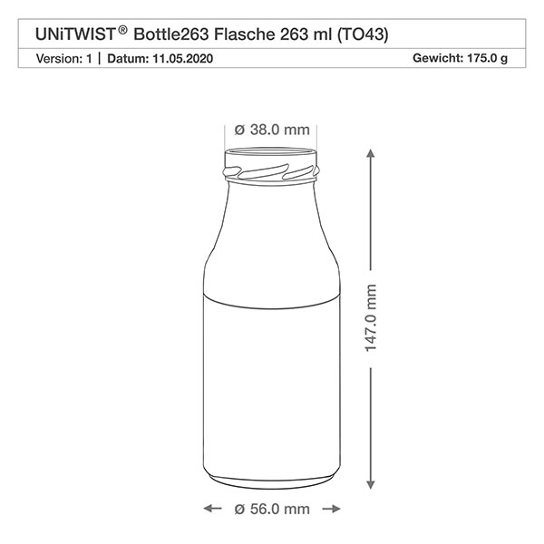 Botella de 263ml sin tapa (TO43) UNiTWIST Botella UNiTWIST263 botella de vidrio 263ml TO43 con dimensiones 147mm altura 56mm diámetro dibujo técnico
