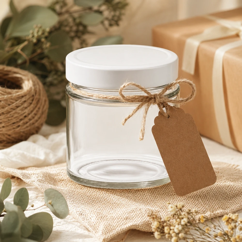 Tarro redondo de 135 ml con tapa blanca BasicSeal decorado con etiqueta de papel kraft Embalaje de regalo DIY