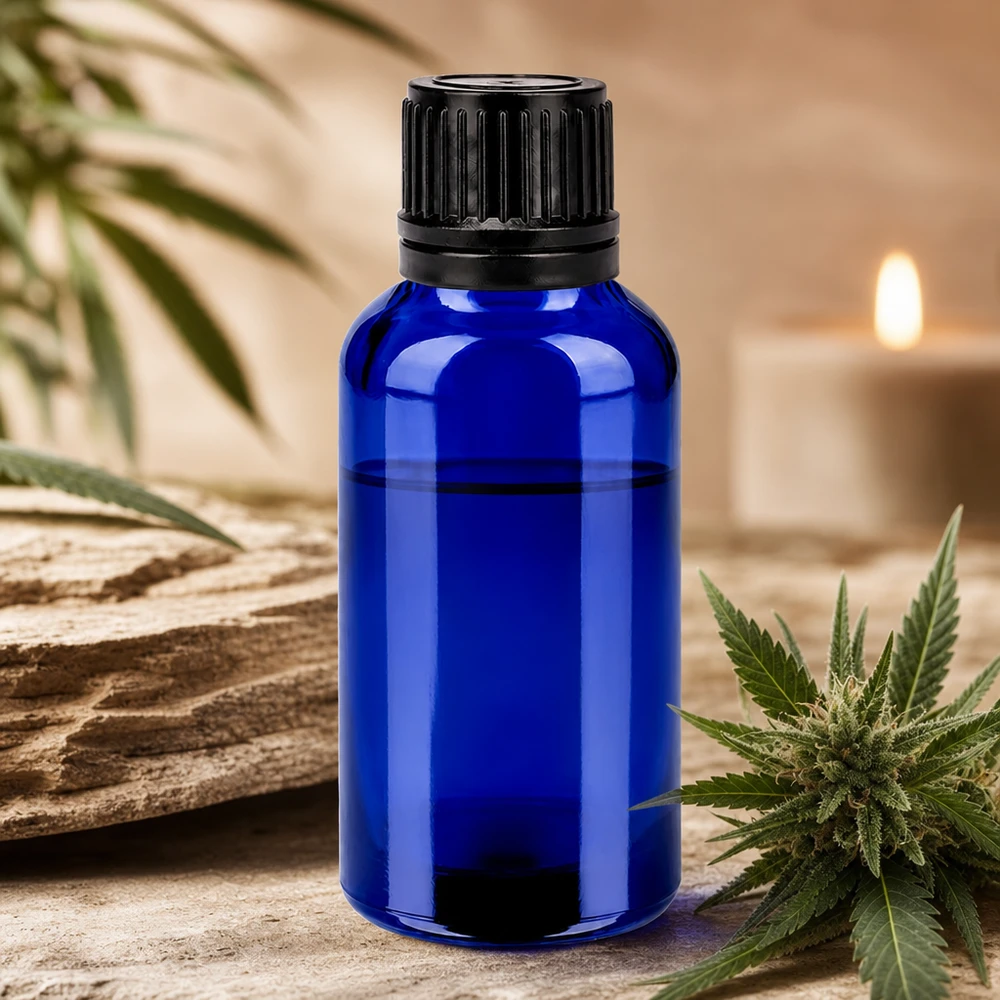 Frasco compacto de 30 ml de vidrio cobalto con protección UV y tapón antigoteo de 11 mm