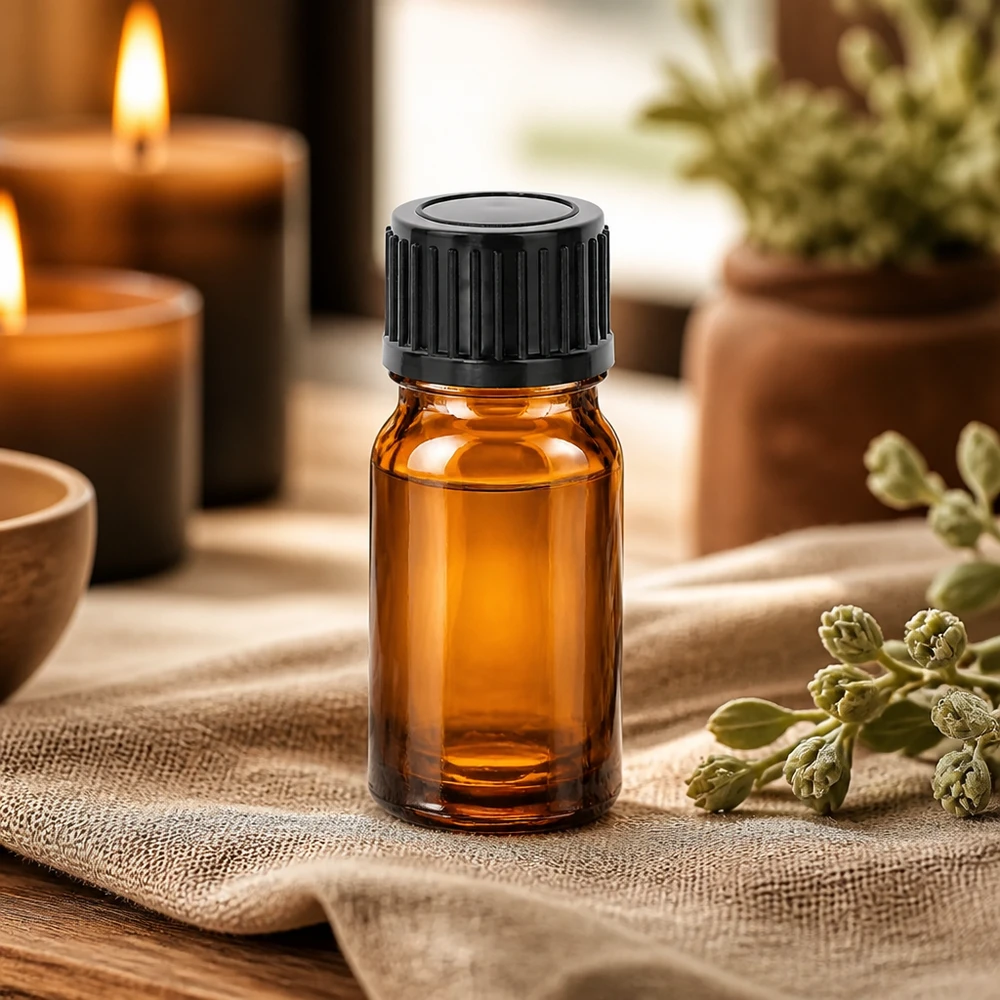 Frasco aromatizante BrownLine de 5 ml con protección UV y tapón negro para aceites sensibles a la luz