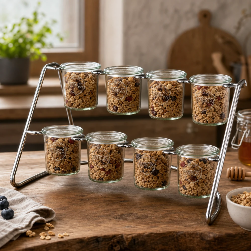 Portavasos Flato8 para 8 vasos WECK WECK Serviergestell Flato8 mit Müsli und Nüssen gefüllt zeigt praktische Küchenorganisation auf Holztisch