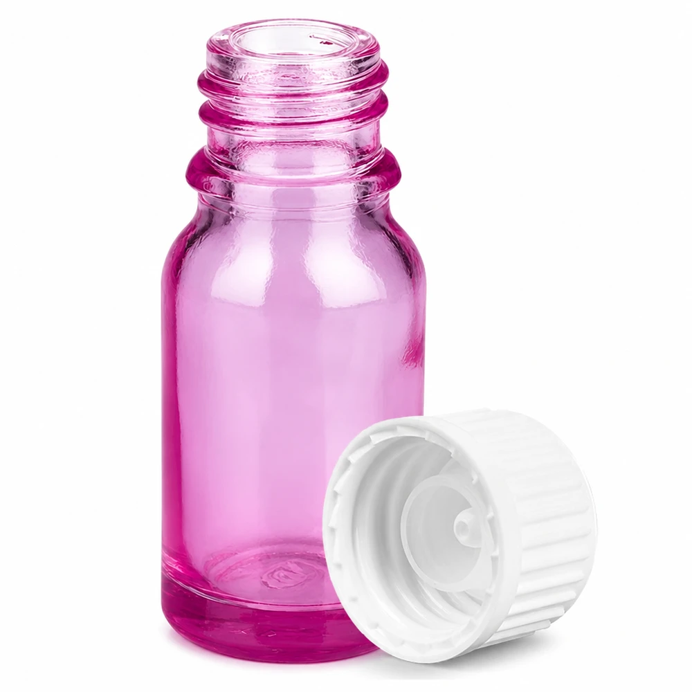 Pequeño frasco de vidrio de 10 ml de color morado con práctico tapón de rosca para aromaterapia