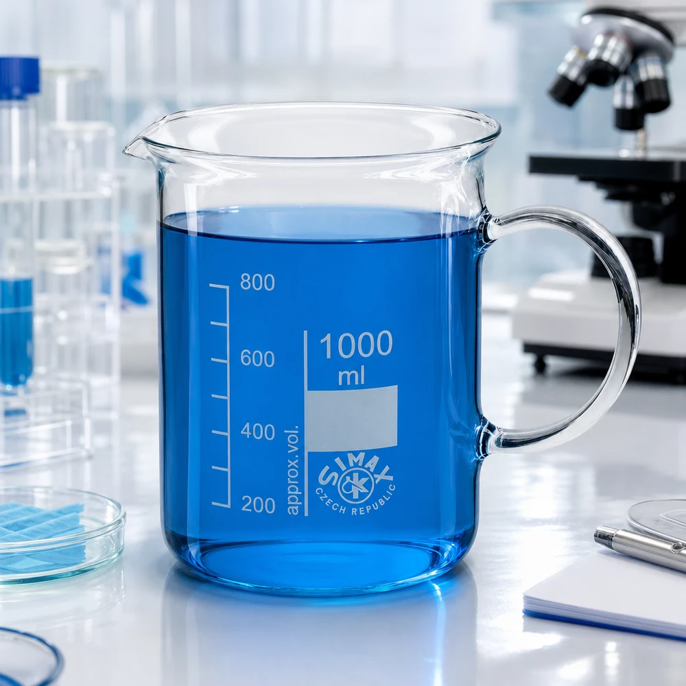 Vaso de precipitados de 1000 ml con un líquido azul y asa, en un entorno de laboratorio