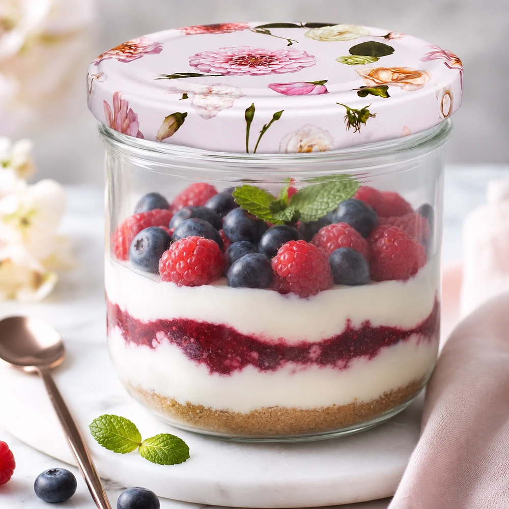 Vasos de 260 ml + tapa BasicSeal rosa flor UNiTWIST Tarro de conserva de 260 ml con tapa de flor relleno de postre de bayas - ejemplo de aplicación para tarro de conserva recipiente de almacenamiento