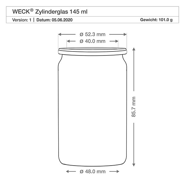 Tarro cilíndrico de 145ml WECK RR40 WECK tarro cilíndrico 145ml RR40 dibujo técnico con dimensiones diámetro 48mm altura 85.7mm peso 101g