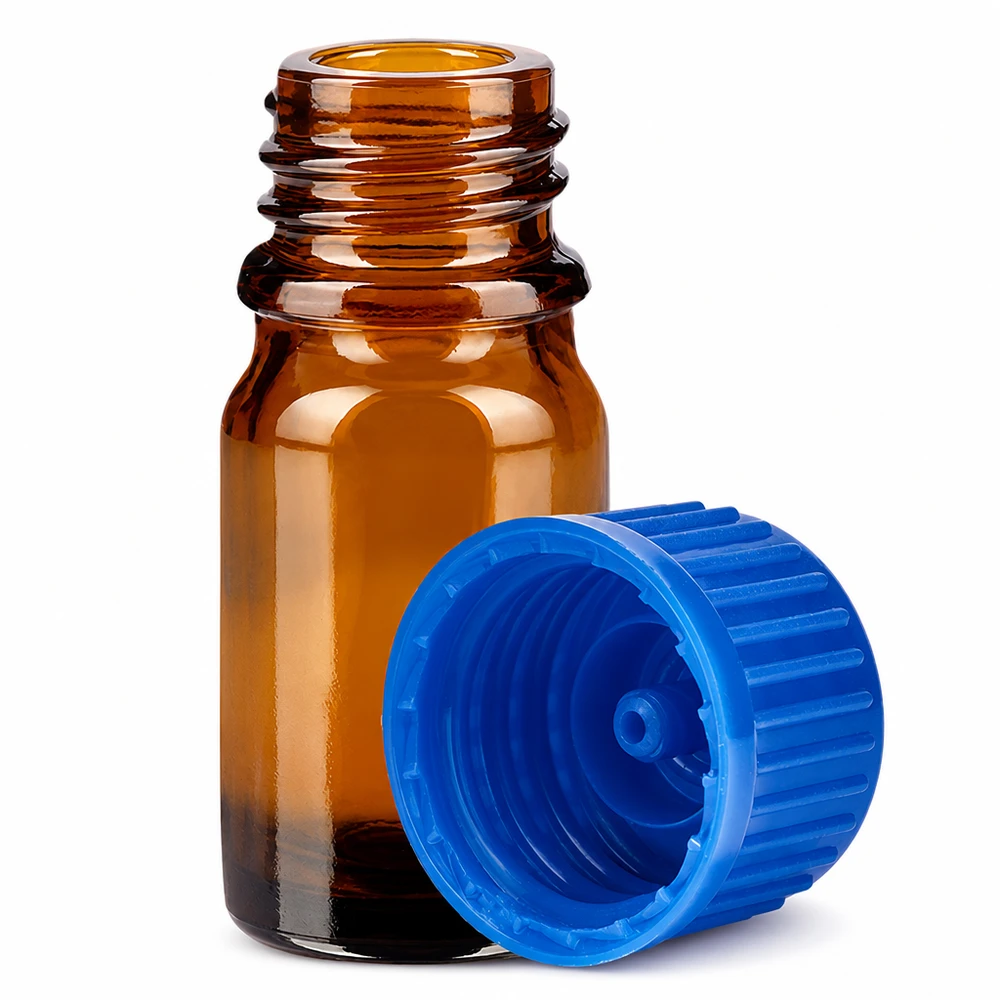 Vial de vidrio ámbar UT18/5 de 5 ml con rosca de 11 mm y tapón azul para una dosificación precisa