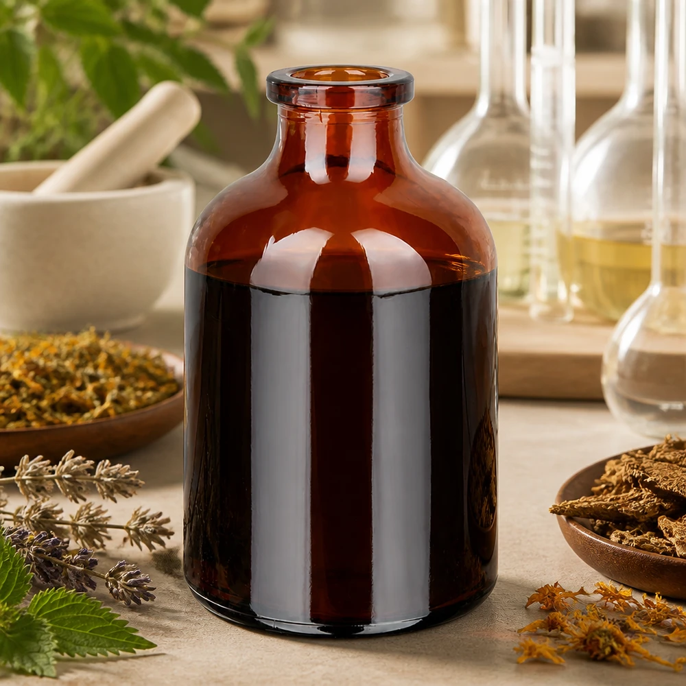 Frasco de inyección de vidrio ámbar 50ml Braunglas Injektionsflasche 50ml für pflanzliche Extrakte mit Kräutern und Laborgeräten im Hintergrund