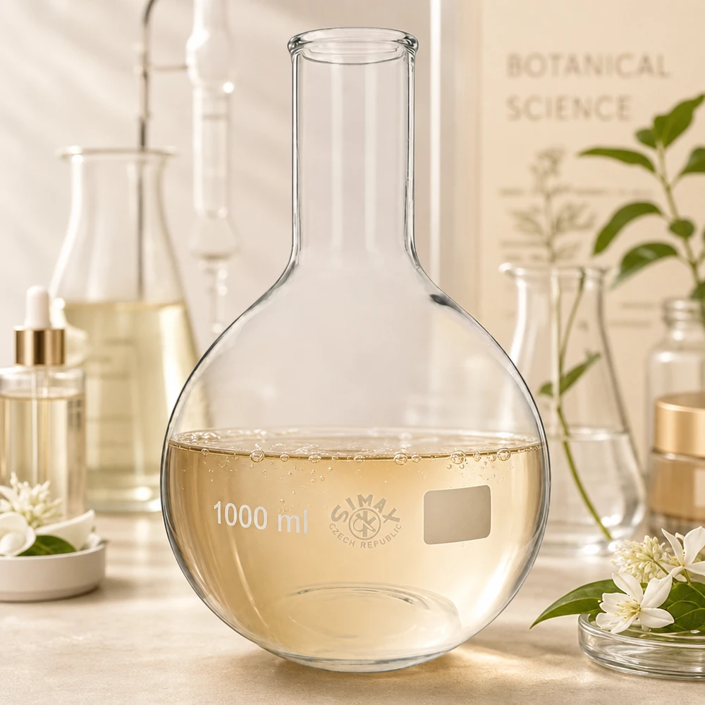Frasco de laboratorio 1000ml cuello estrecho con solución dorada para experimentos y análisis químicos
