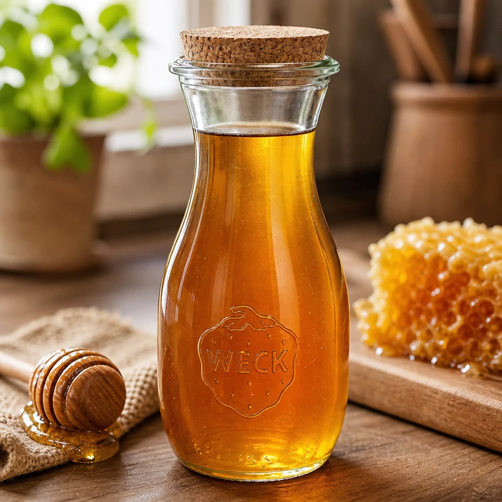 WECK botella de vidrio 530ml lleno de miel junto a la miel de nido de abeja y miel cuchara sobre tabla de madera cocina rústica