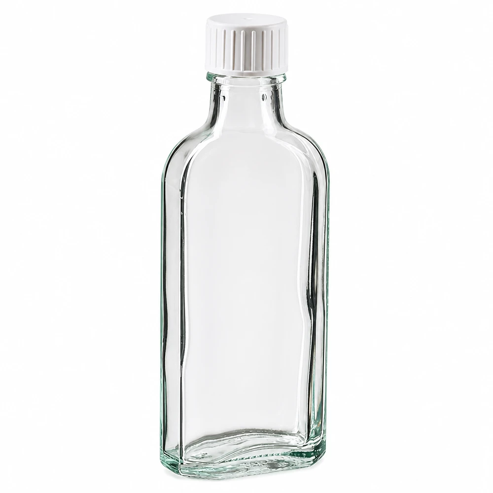 Botella Meplat transparente de 100 ml con tapón de rosca blanco y anilla vertedora de cristal