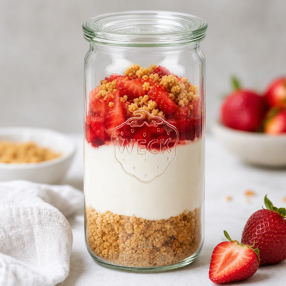 Tarro cilíndrico de 340ml con tapa de cristal WECK RR60 WECK Tarro cilíndrico de 340 ml RR60 con capa de postre de fresa base de galleta nata y fruta como inspiración de parfait