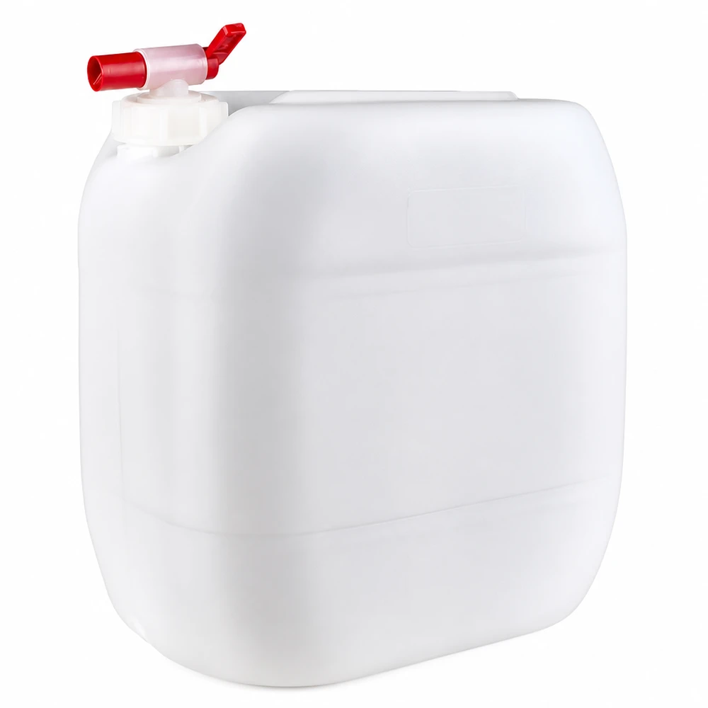 Bidón de plástico blanco de 30 litros con grifo de salida rojo, fabricado en HDPE apto para uso alimentario