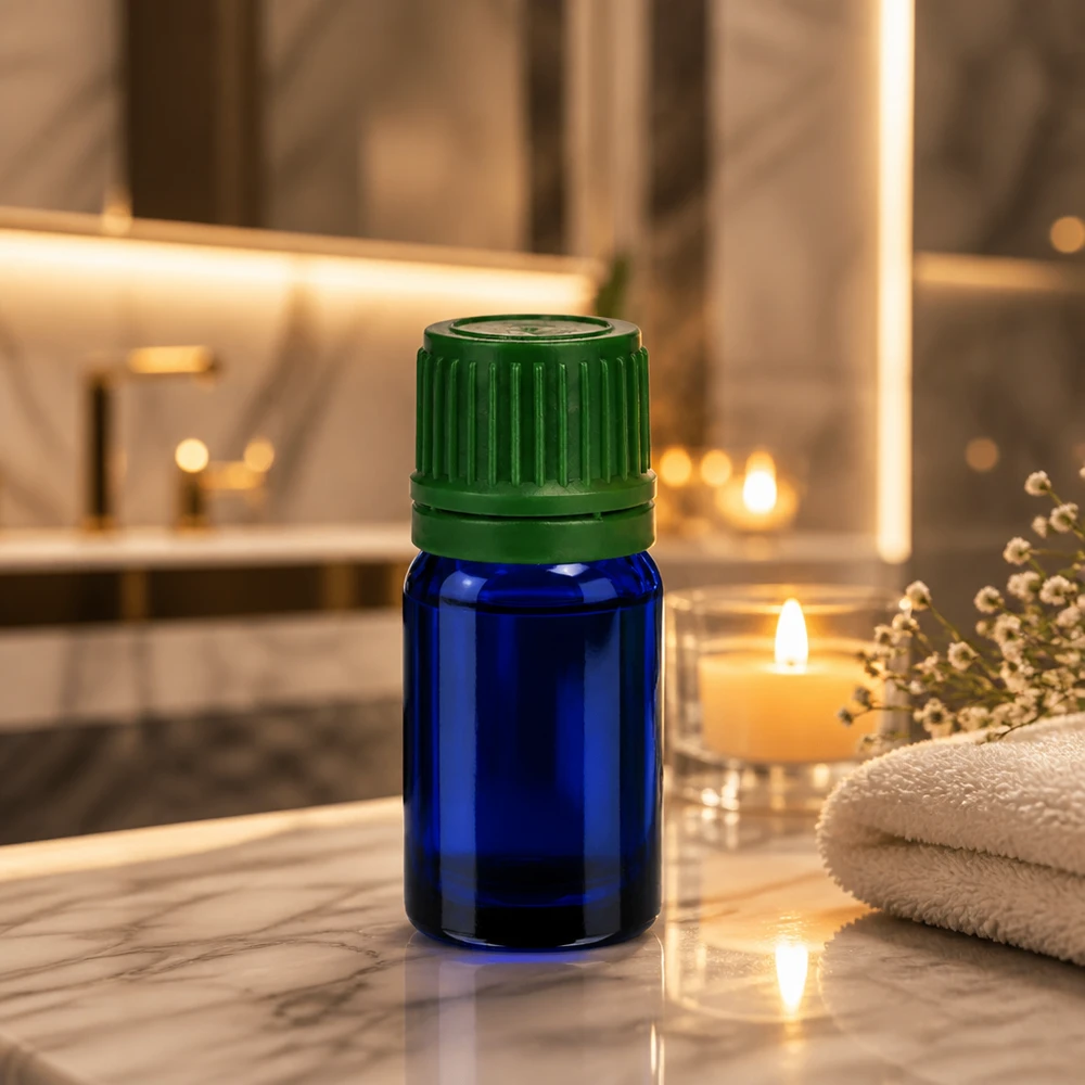 Pequeño frasco boticario de 5 ml de vidrio azul con tapón verde para una dosificación precisa