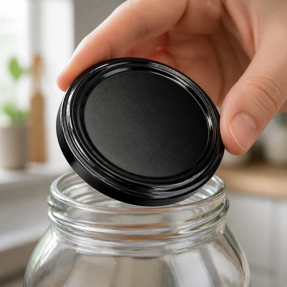 Tapa BasicSeal de 58 mm, negra (TO58) UNiTWIST Se coloca a mano una tapa negra TO58 BasicSeal de 58 mm con cierre UNiTWIST en un tarro de conserva vacío