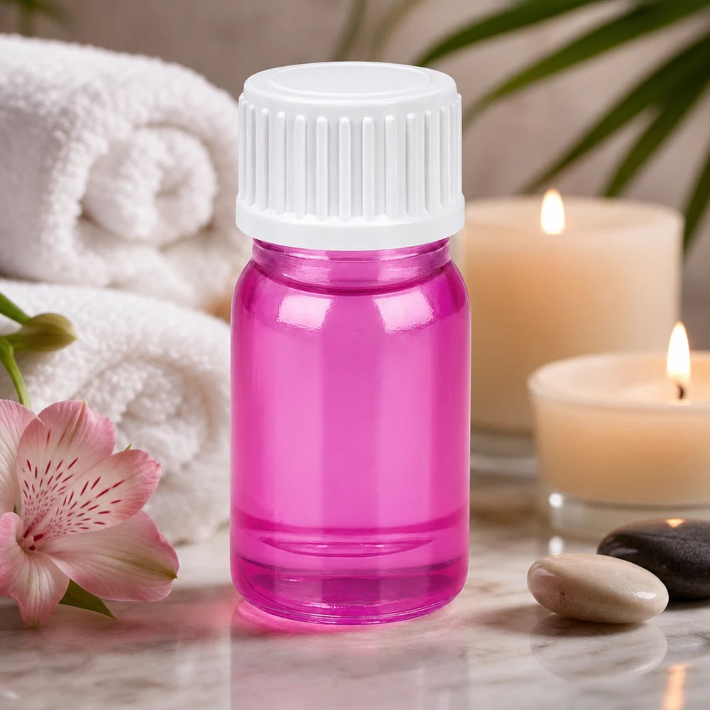 Frasco de 5 ml (glóbulo) Anillo vertedor de 3 mm blanco estándar PurpleLine UT18/5 Frasco de vidrio compacto de 5 ml en rosa con rosca de 18 mm para envasado de cosméticos profesionales