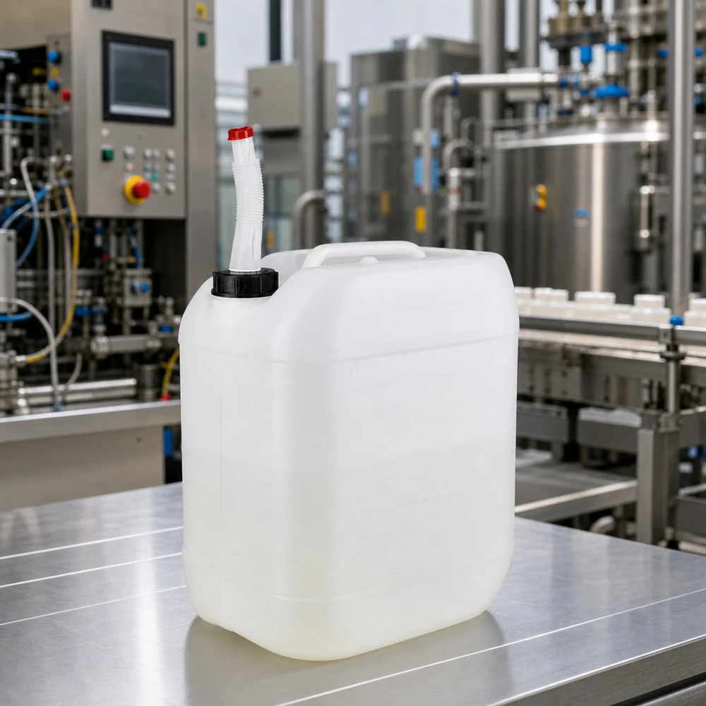 Bidón de 20 litros apto para uso alimentario con pico vertedor flexible sobre una mesa de acero inoxidable en una planta industrial