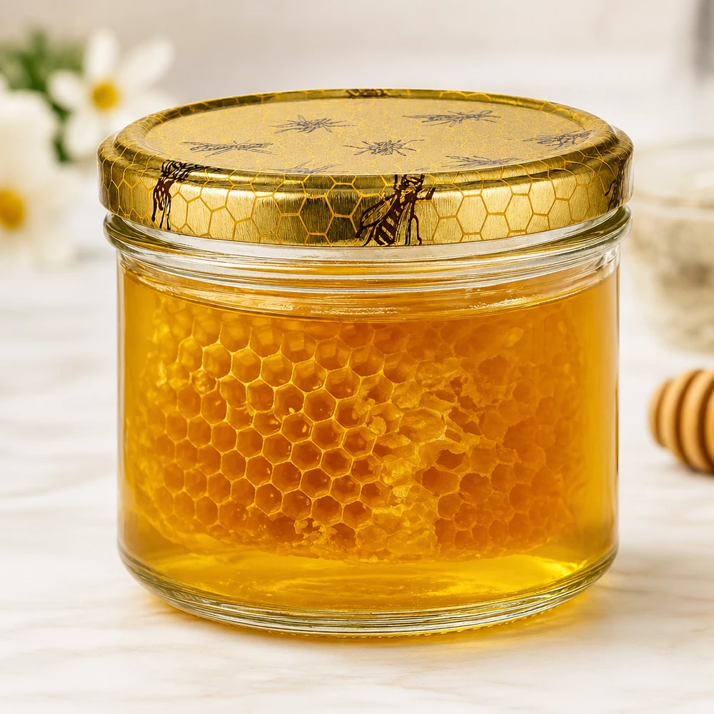 Tarro para miel de 250 g con tapa con diseño de panal BasicSeal UNiTWIST Tarro de miel relleno de 250 g con auténtico panal y tapa decorativa que muestra la miel dorada del tarro