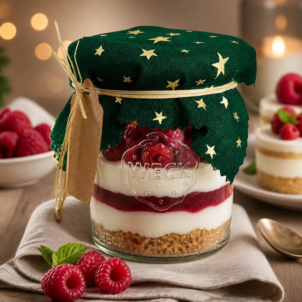 Postre festivo en un tarro con blonda de adorno de estrella verde cuadrado de 12 cm, frambuesas y nata como idea de regalo