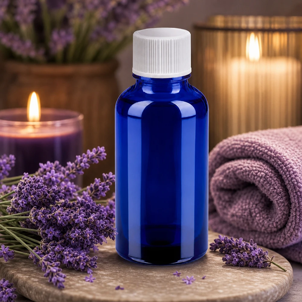 Frasco de vidrio de 30 ml en azul cobalto con tapón a prueba de niños para aromaterapia y bienestar