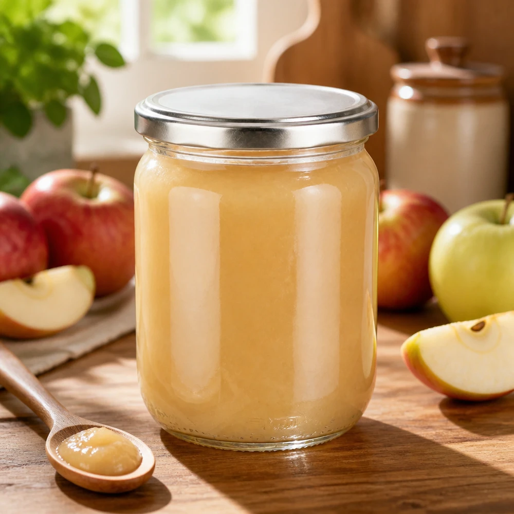 Tarro redondo de cristal de 555 ml con tapa BasicSeal plateada, lleno de compota de manzana casera, sobre una mesa de madera