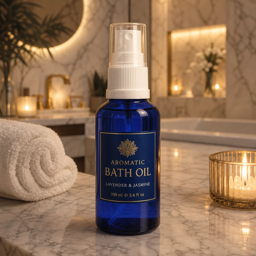 Frasco pulverizador azul de 10 ml con dosificador blanco sobre una superficie de mármol, junto a velas para el aceite de baño de lavanda y jazmín