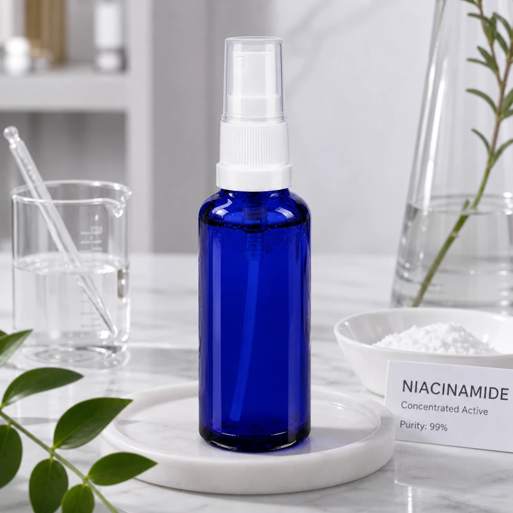 Botella de farmacia azul 10ml tapón pulverizador negro Frasco azul de farmacia con pulverizador de 10 ml y atomizador blanco junto a polvo de niacinamida en el laboratorio