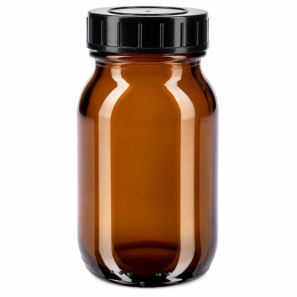 Botella ámbar de 100ml con tapón de rosca Botella de cuello ancho de 100 ml de vidrio ámbar con tapón de rosca negro para un almacenamiento seguro