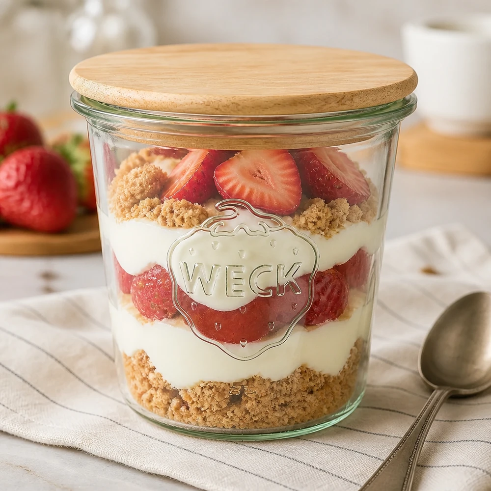Vasos WECK de 580 ml como cuenco de postre con fresas y migas de galleta, tapa de madera cerrada sobre la mesa de la cocina