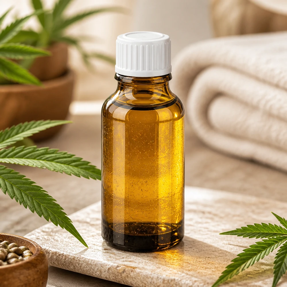 Frasco de 20 ml de vidrio ámbar con tapón dosificador blanco para aceites de CBD