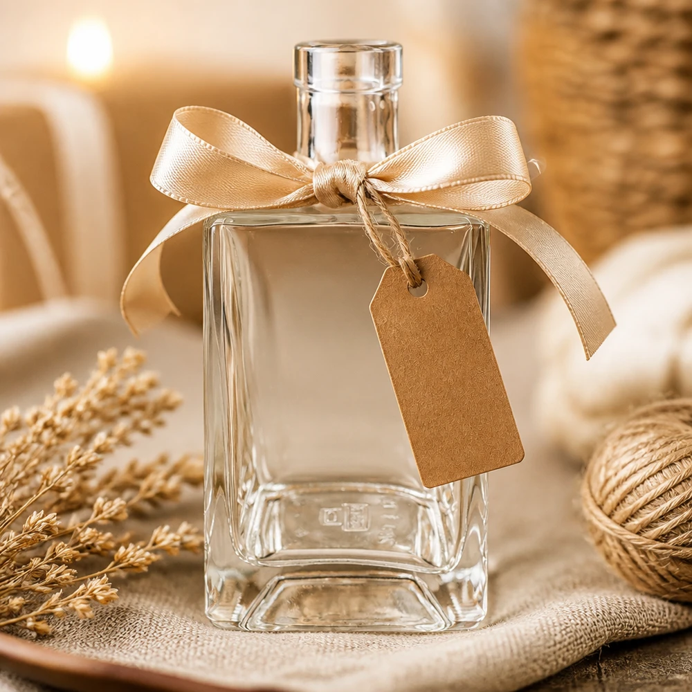 Botella de cristal de 700 ml de Ben decorada con un lazo dorado y una etiqueta de regalo