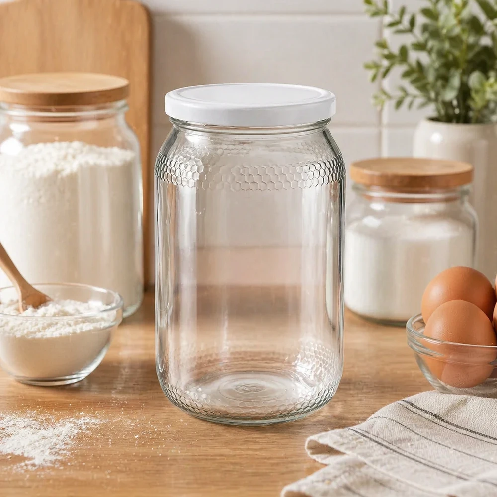 Tarro de miel 900ml vacío en ambiente de cocina con ingredientes de panadería harina huevos muestra almacenamiento práctico tapa BasicSeal