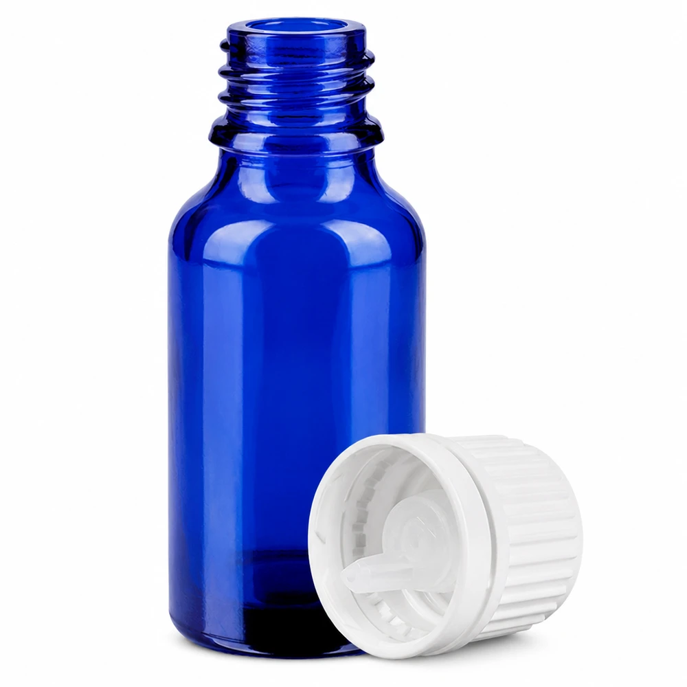 Frasco de vidrio azul de 20 ml con tapón cuentagotas de 0,7 mm para aplicaciones farmacéuticas