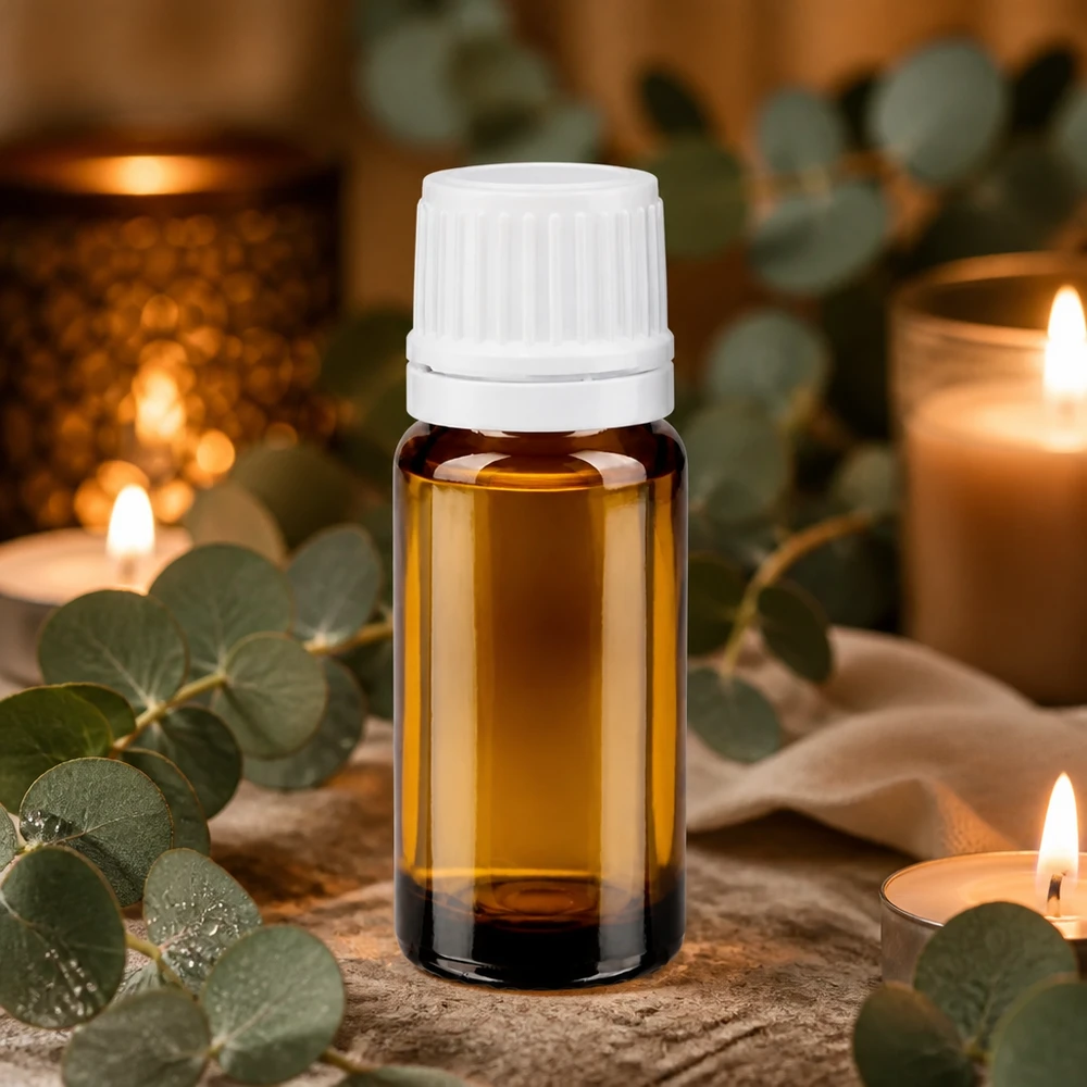Pequeña botella de cristal marrón de 10 ml con tapón blanco original para aceites esenciales y aromaterapia