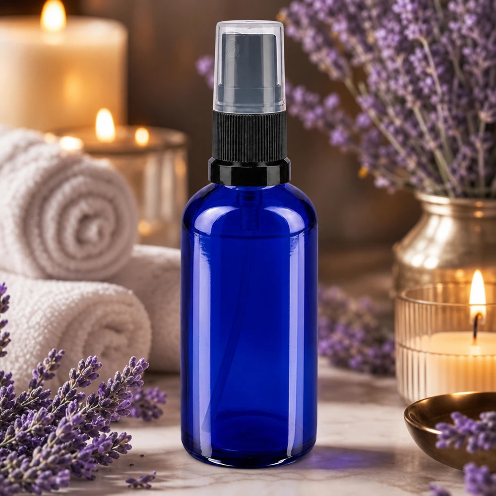 Botella pulverizadora de farmacia azul de 50 ml con dosificador de bomba negro para aceites esenciales
