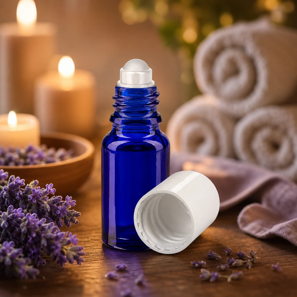 Frasco roll-on azul cobalto de 10 ml con aplicador de bola rodante, entre flores de lavanda y velas