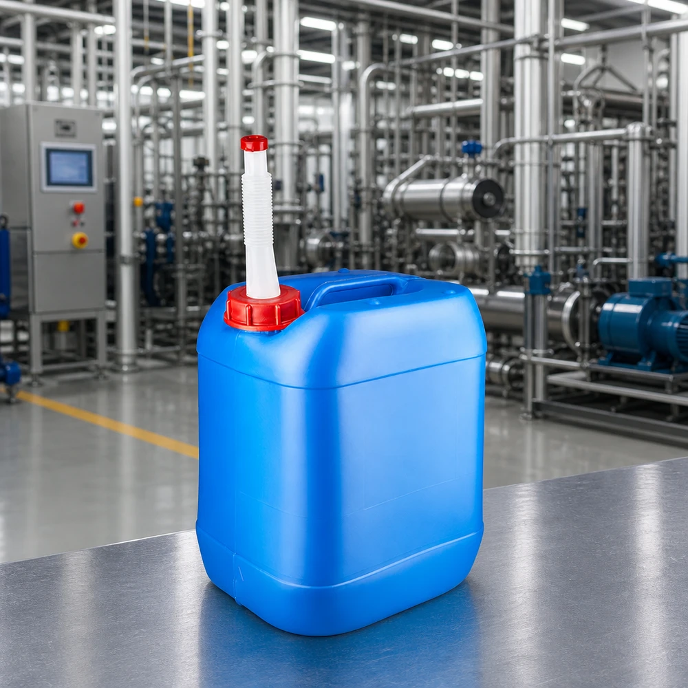 Bidón 20 litros azul con tubo de salida Flex Bidón industrial azul de 20 litros con tubo de salida flexible en una moderna planta de producción