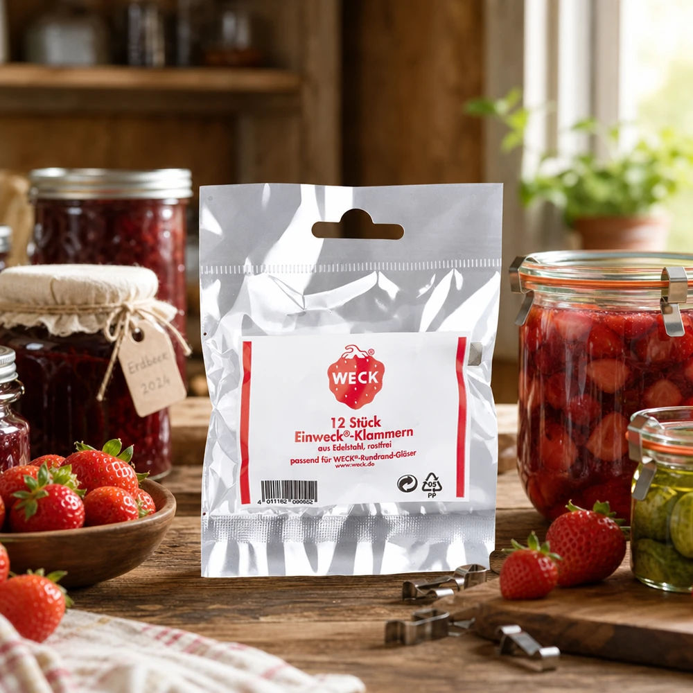 Envasado con pinzas WECK en cocina rústica con tarros de conserva de fresas y mermelada Ejemplo de aplicación