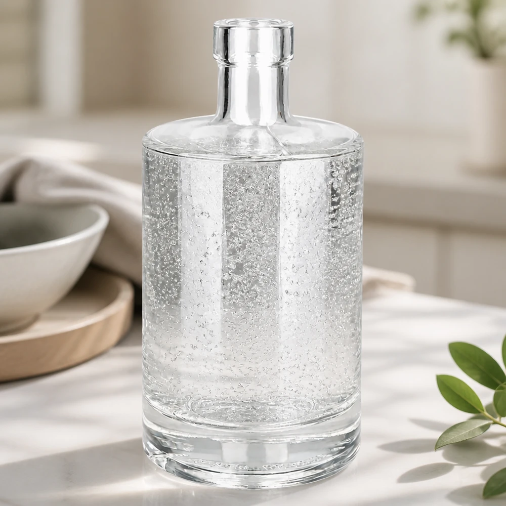 Botella de cristal de 500 ml Marie llena de agua muestra la transparencia y la calidad de la botella UNiTWIST en un ambiente de cocina