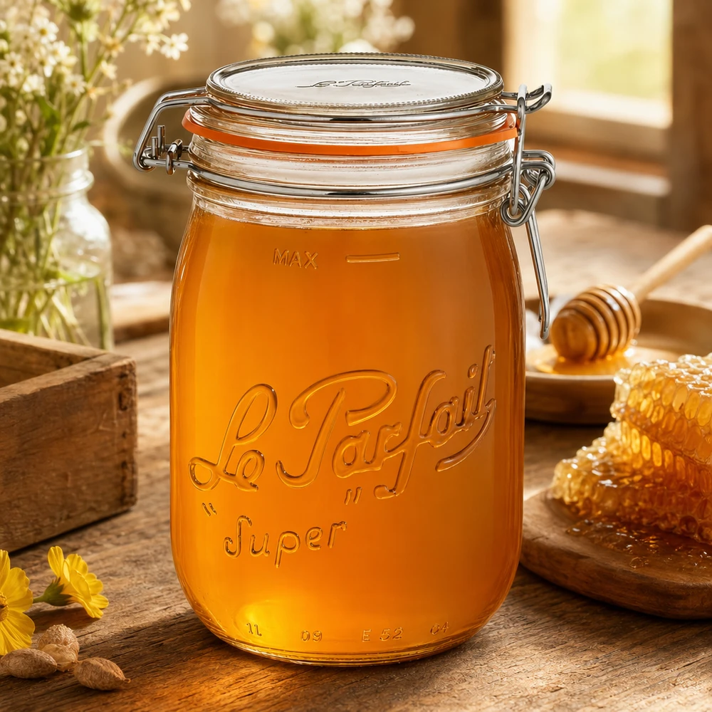 Tarro Le Parfait Super de 1000 ml con tapa abatible lleno de miel sobre una mesa de madera con panal y cuchara de miel