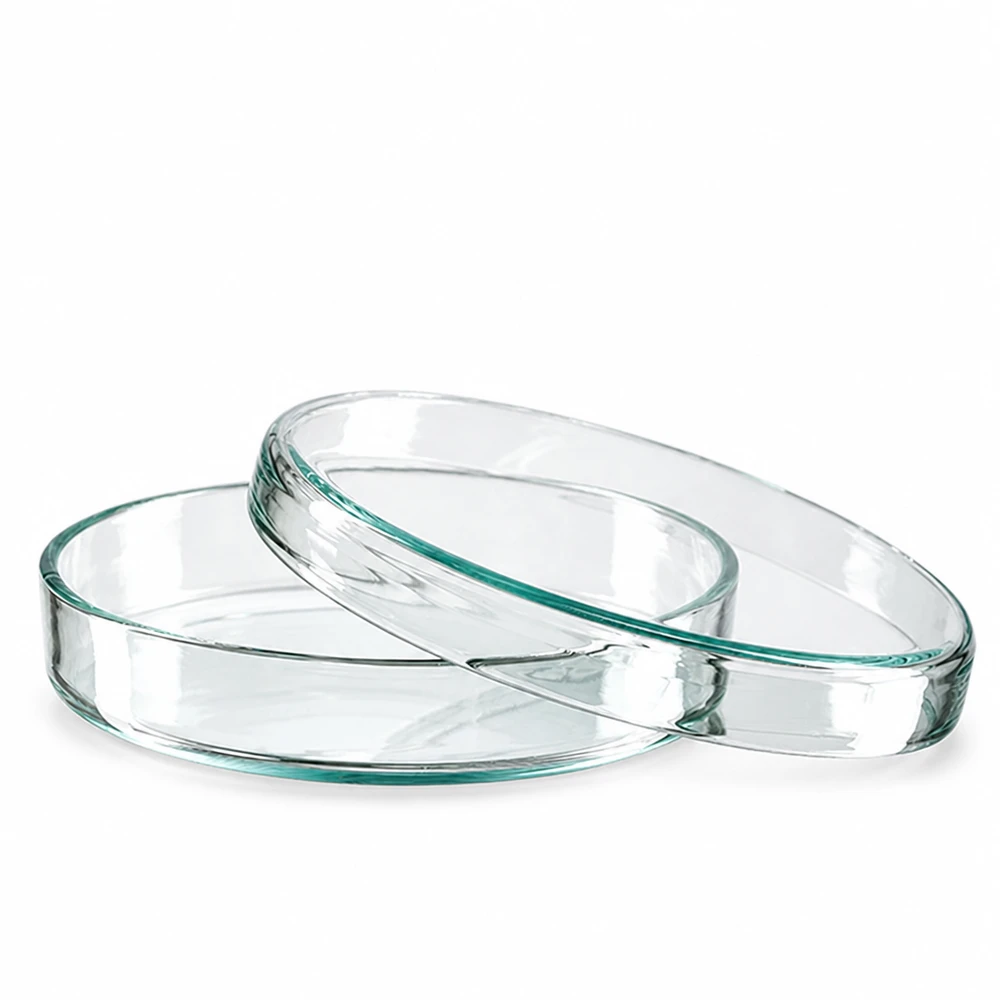 Dos placas de Petri redondas de cristal de 80 x 15 mm apiladas una encima de otra sobre un fondo blanco