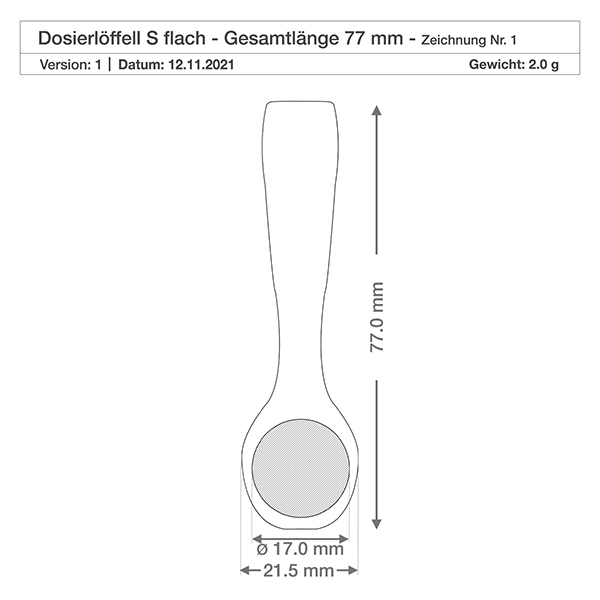 Pala de madera tamaño S forma cuchara - 77mm largo Dibujo dimensional detallado pequeña pala de madera 77mm longitud 21.5mm anchura 17mm diámetro del cubo especificación técnica