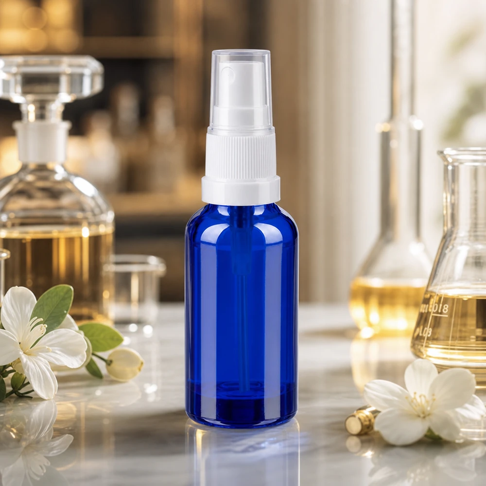 Pulverizador azul de 30 ml con cabezal transparente para aplicaciones cosméticas y cuidado de la piel