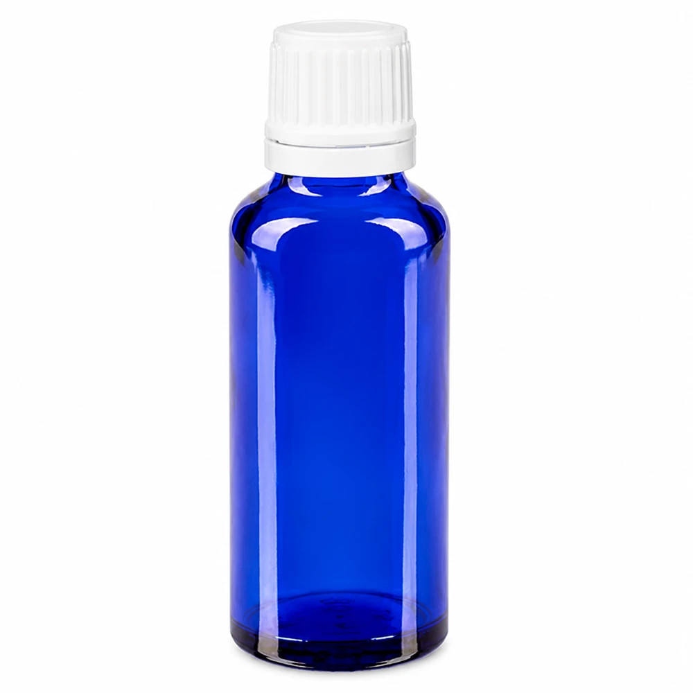 Frasco de farmacia de cristal azul de 30 ml con tapón original blanco y dosificador de gotas de 0,7 mm